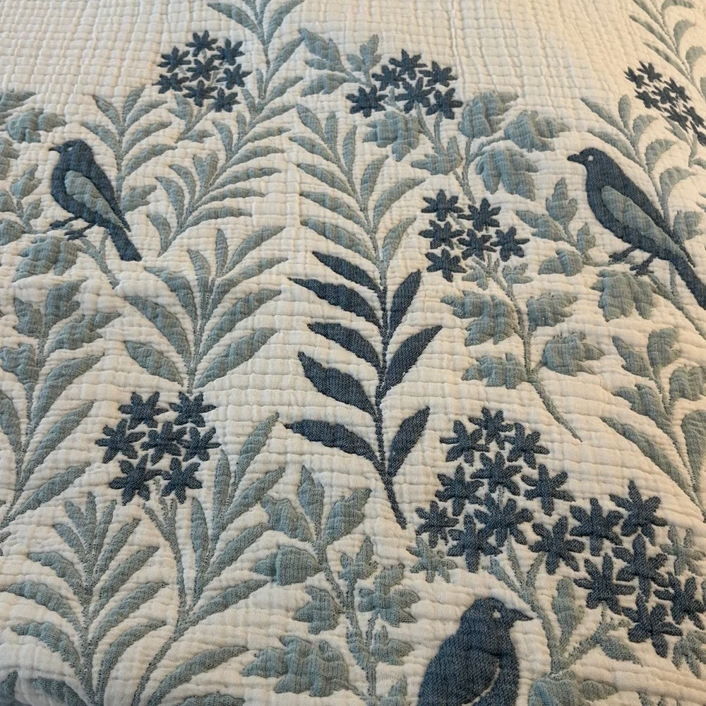 Luxury 7 Layer Woven Quilt Size KING Growing Florals Leaves Birds Teal Tan NEW